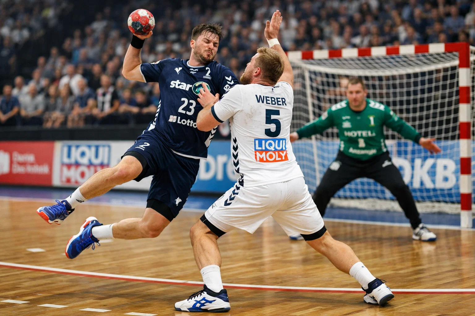 Zwei Handball-Teams im Zweikampf während eines Bundesliga-Spiels