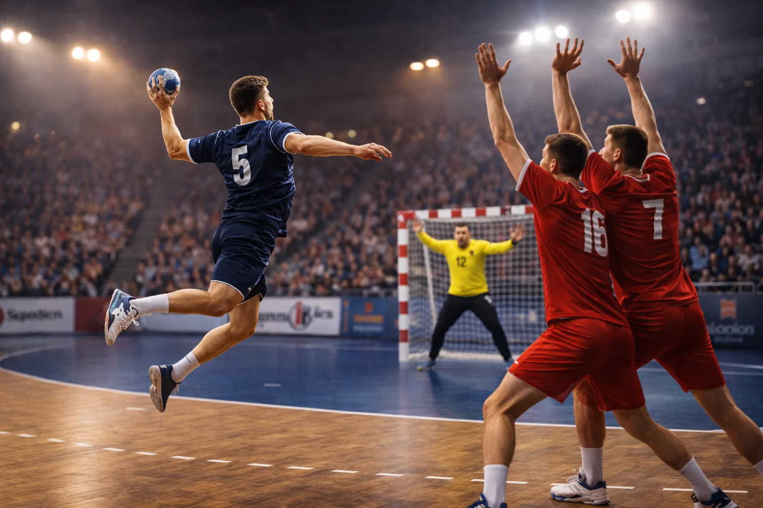 Handball-Bundesliga-Spiel in einer ausverkauften Halle mit Spielern in Aktion am Kreis