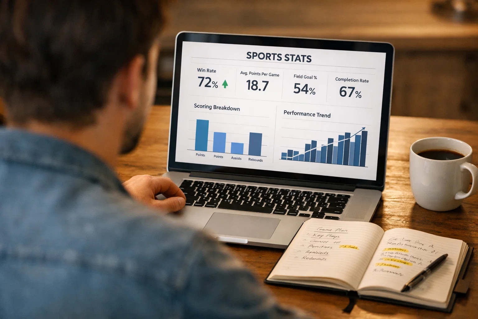 Person analysiert Handball-Statistiken am Laptop mit Notizblock