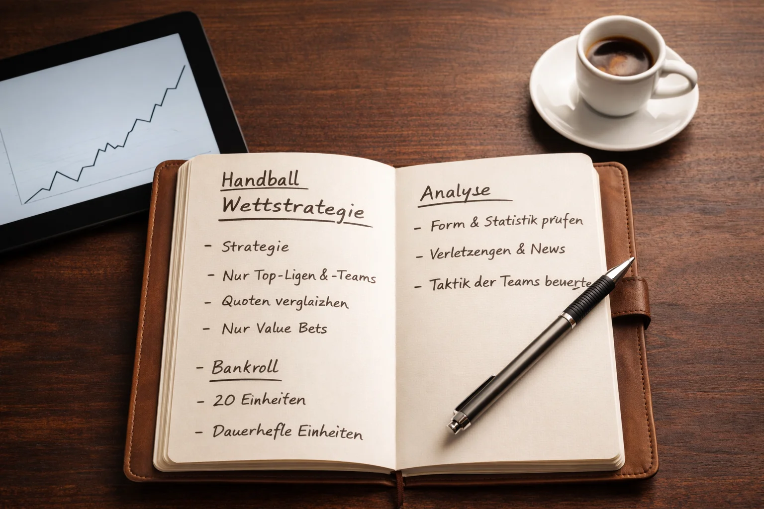 Geöffnetes Notizbuch mit Handball-Wettstrategie und Stift auf dem Schreibtisch