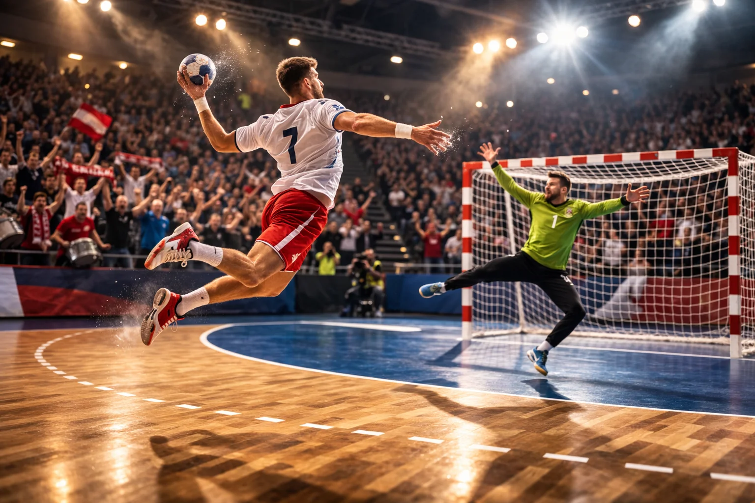 Handballspieler beim Torwurf in einer vollen Sporthalle