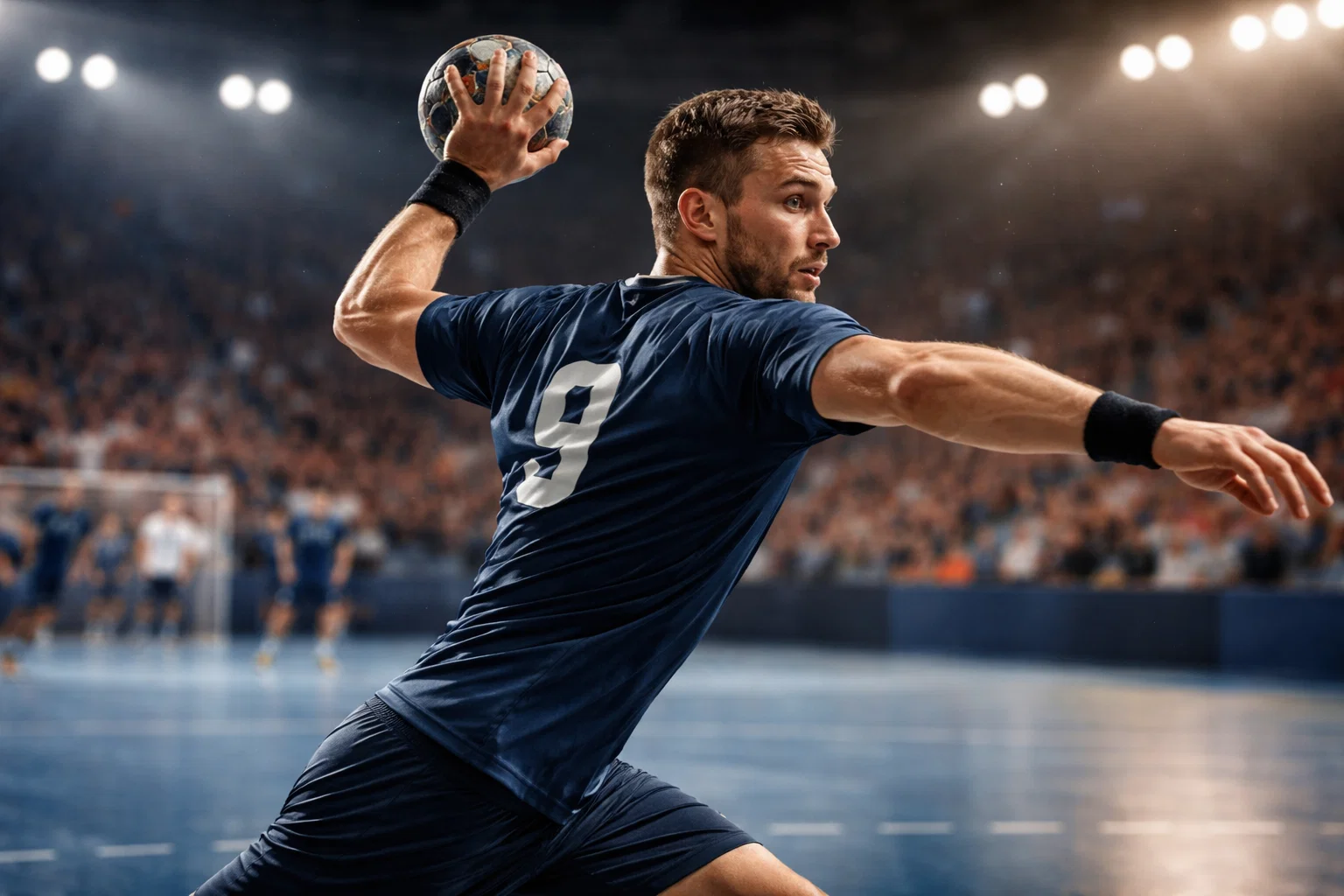 Handballspieler beim Torwurf im Rückraum während eines Bundesliga-Spiels