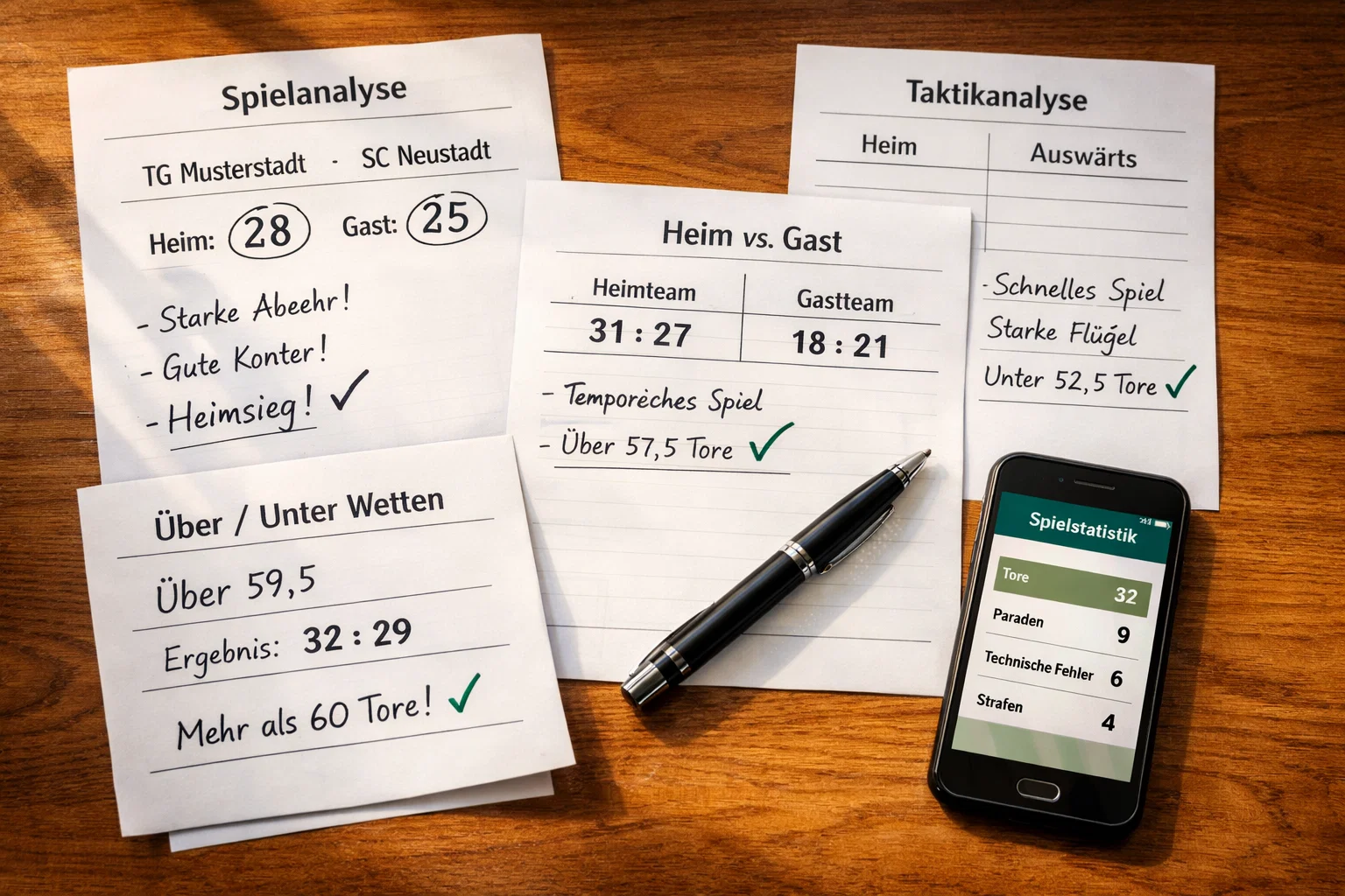 Verschiedene Handball-Wettscheine und Spielszenen auf einem Tisch