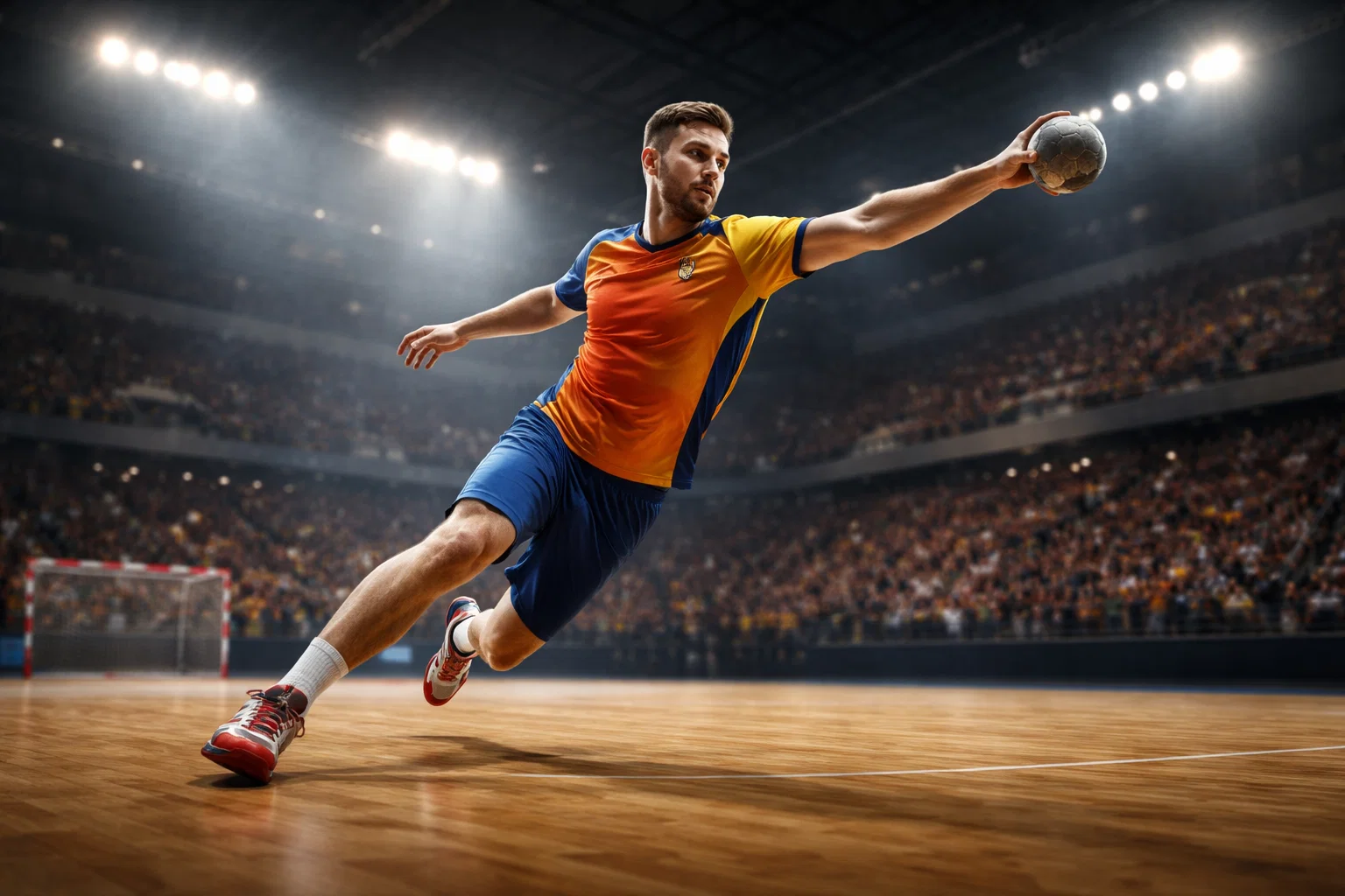 Handballspieler wirft auf das Tor in einer beleuchteten Halle