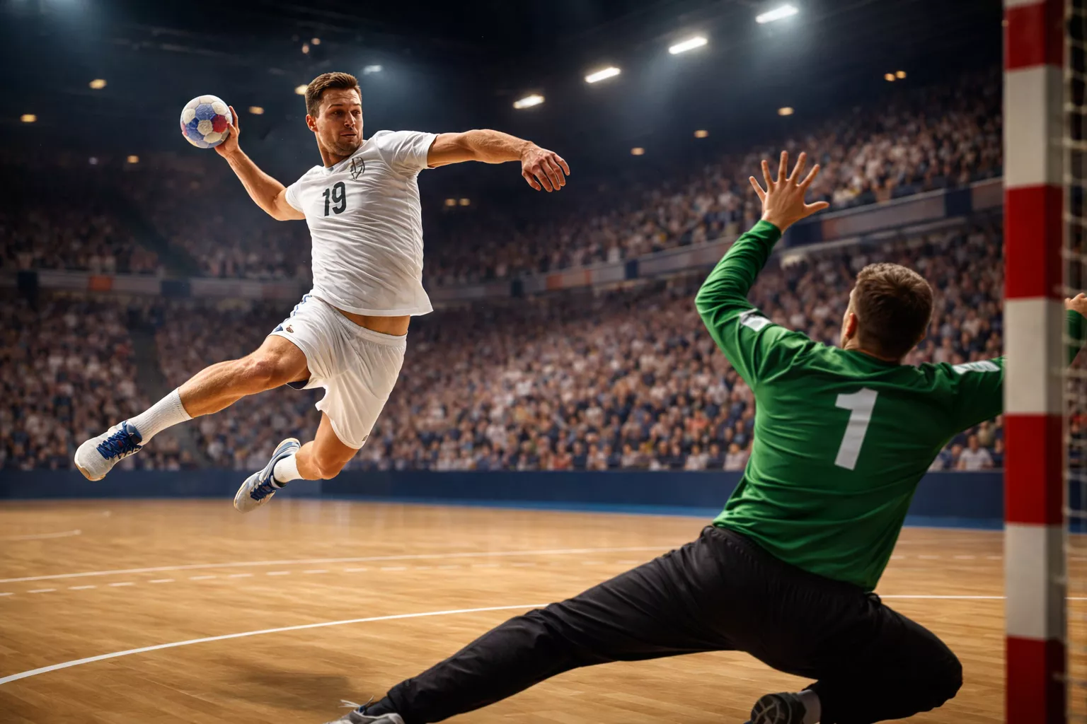 Handballspieler wirft auf das Tor während eines Bundesliga-Spiels in einer vollen Halle