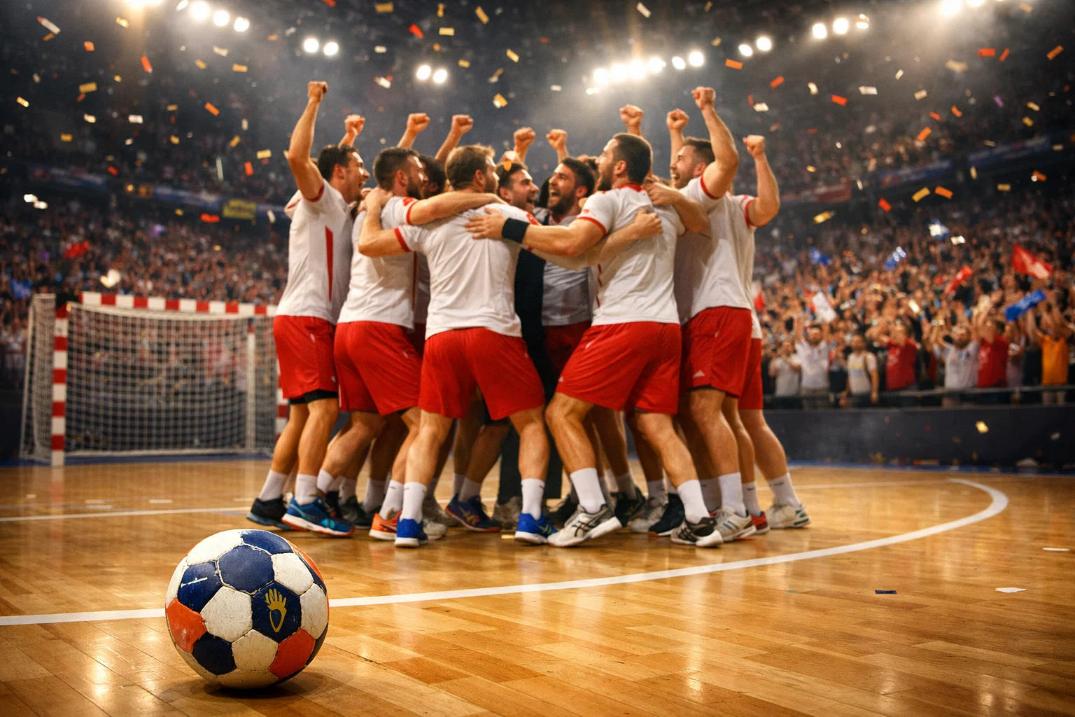 Handball-Nationalmannschaft feiert einen Sieg bei einem internationalen Turnier vor jubelnden Fans